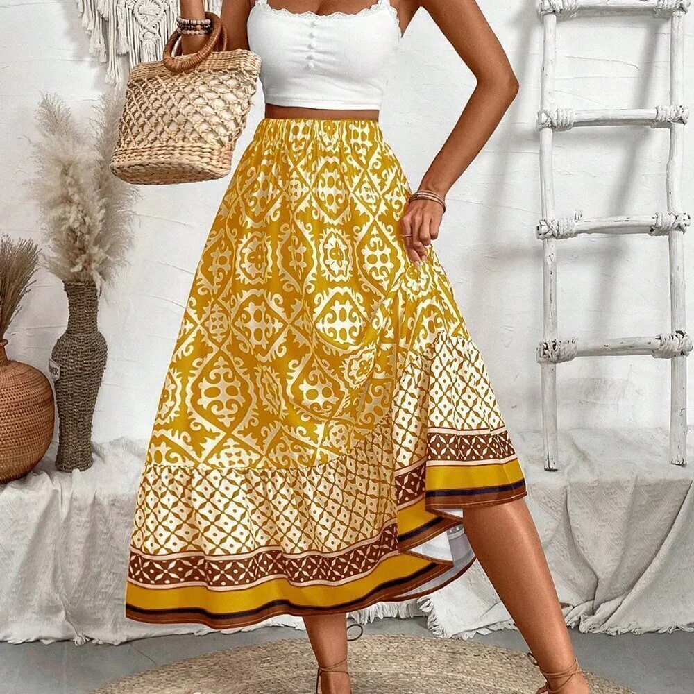 Yellow Boho Women's Vacation Style Allover Print Skirt